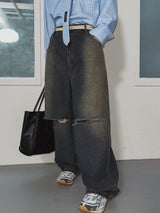 Cross Damage Banding Denim Pants