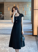 Nedel Square Neck Tweed Flare Long One Piece