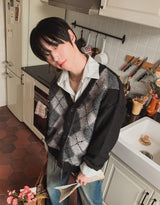 Harvers Argyle Color Matching Knit Cardigan