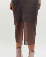 Sheer Shirring Slit Skirt _ BROWN