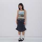 CONFUN 25SS distressed washed lace hem denim skirt