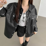 Chic ポケットボタンルーズフィットレザージャケット