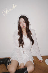White Hood Pullover Belt One-Piece Dress Top