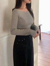 Feminine Border Cotton Boat Neck T-shirt (5color)
