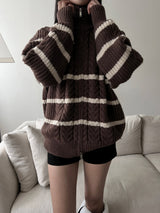 [UNISEX/Overfit] Crown hachi color combination striped high neck two-way zip-up (3 colors)
