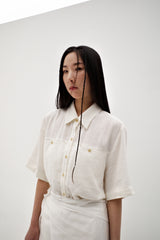 Linen crinkle half shirt, Ivory