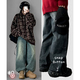 [Fleece lining]linen hem snapwashed wide denim pants-3 Tier Length