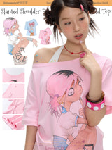 BETWEENAND Slouchy shoulder, lightweight, versatile short-sleeve T-shirt for women with cartoon girl print – summer version