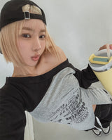 バターフルレタリングアンバランスオフショルダー長袖Tシャツ