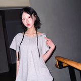 (2color) Check Back Ribbon Off-Shoulder Short Sleeve Tee