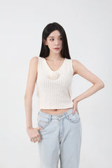 Back Ribbon Sleveless Knit_cream [brooch set]
