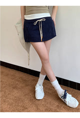 Navy drawstring terry mini skirt