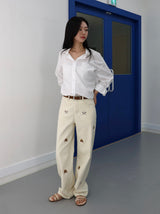 PUPPY EMBROIDERED CREAM DYED STRAIGHT DENIM code 26226