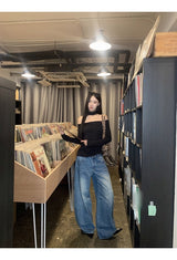 ルーズウエストプリンテッドワイドデニムパンツ