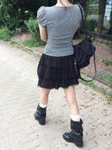 Asso Stripe Lace Puff Bolero Slim Short Sleeve T-Shirt