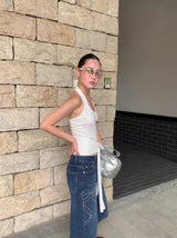 リボンビーズダークブルーワイドバミューダデニムパンツ