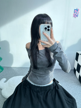 STUD SHIRRING TANK LAYERED SLIM LONG SLEEVE🤎🩶 - 2 COLORS