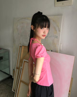 Code Beads Ribbon Shirring Puffed Short-Sleeved T-Shirt