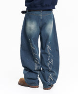 Stripe Lettering Denim Pants - Medium Blue