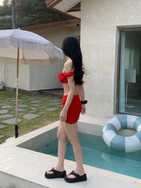 Rose Tide Off-Shoulder Chiffon Cover-Up 3pcs Bikini SET