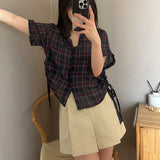 side-line short-sleeved checkered blouse nb