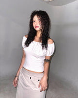 (3color) Dot Shirring Neck Off-Shoulder Puff Tee
