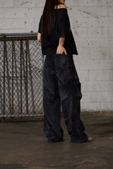 Dirty Washed Wide Cargo Denim Pants - Black