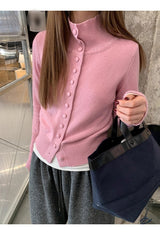 Pink button high-neck knit long-sleeved cardigan