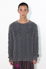 Heavy industry water-washed hand-distressed cable-knit sweater