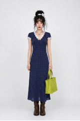 VINTAGE LACE-TRIM POLKA DOT MAXI DRESS