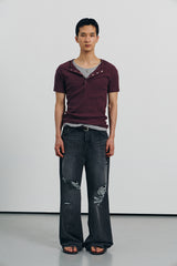 Washed damage wide flare denim pants(Black)