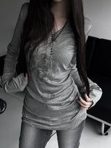 rika shirring V-neck printing T