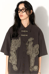 New Chinese-style applique embroidered button-down loose short-sleeved shirt