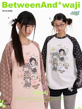 BETWEENAND spring waji joint illustration printing star raglan sleeves long sleeve shirt loose round neck T-shirt