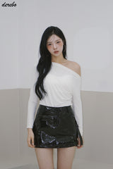 アンバランスオフショルダーシャーリングベーシック長袖Tシャツ