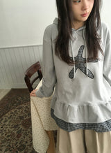 Nahin Check Patch Frill Hood Long Sleeve Tee