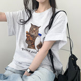 Renko overfit cat lettering printing short sleeve t-shirt