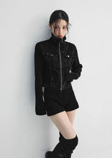 Dark Wash Denim Jacket + Deep Black Knit Set
