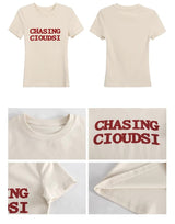 レッドレタリングスパンデックスラウンドネック半袖Tシャツ