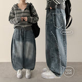 Loen pocket incision line washing balloon wide denim pants
