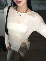 Lohil button slit ribbed see-through knit