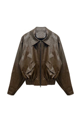 PAMELA LEATHER BOMBER JACKET / BROWN