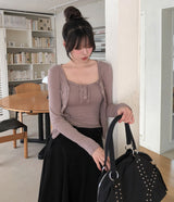 Ropi Pocket Cutting Sleeveless Cardigan Set