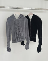 Velvet Shirring Hood Zip-Up
