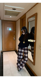 Cotton Check Casual Wide Pants