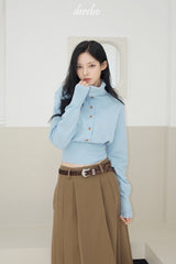 Sky blue high-neck button long-sleeved knitwear