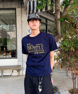 Untitled Frayed Embroidery Crop Short Sleeve Navy