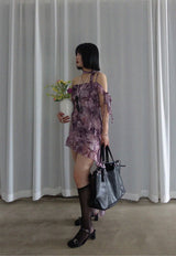 VINTAGE GRUNGE CHIFFON TAIL MINI DRESS WITH TIE SCARF SET