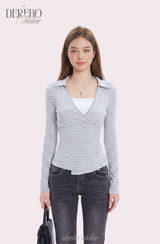 グレー Vストライプ ラップ ロングスリーブ Tシャツ