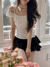 #Hano Layered Rib Short Sleeve T-shirt + Rose Tie Set (3color)
